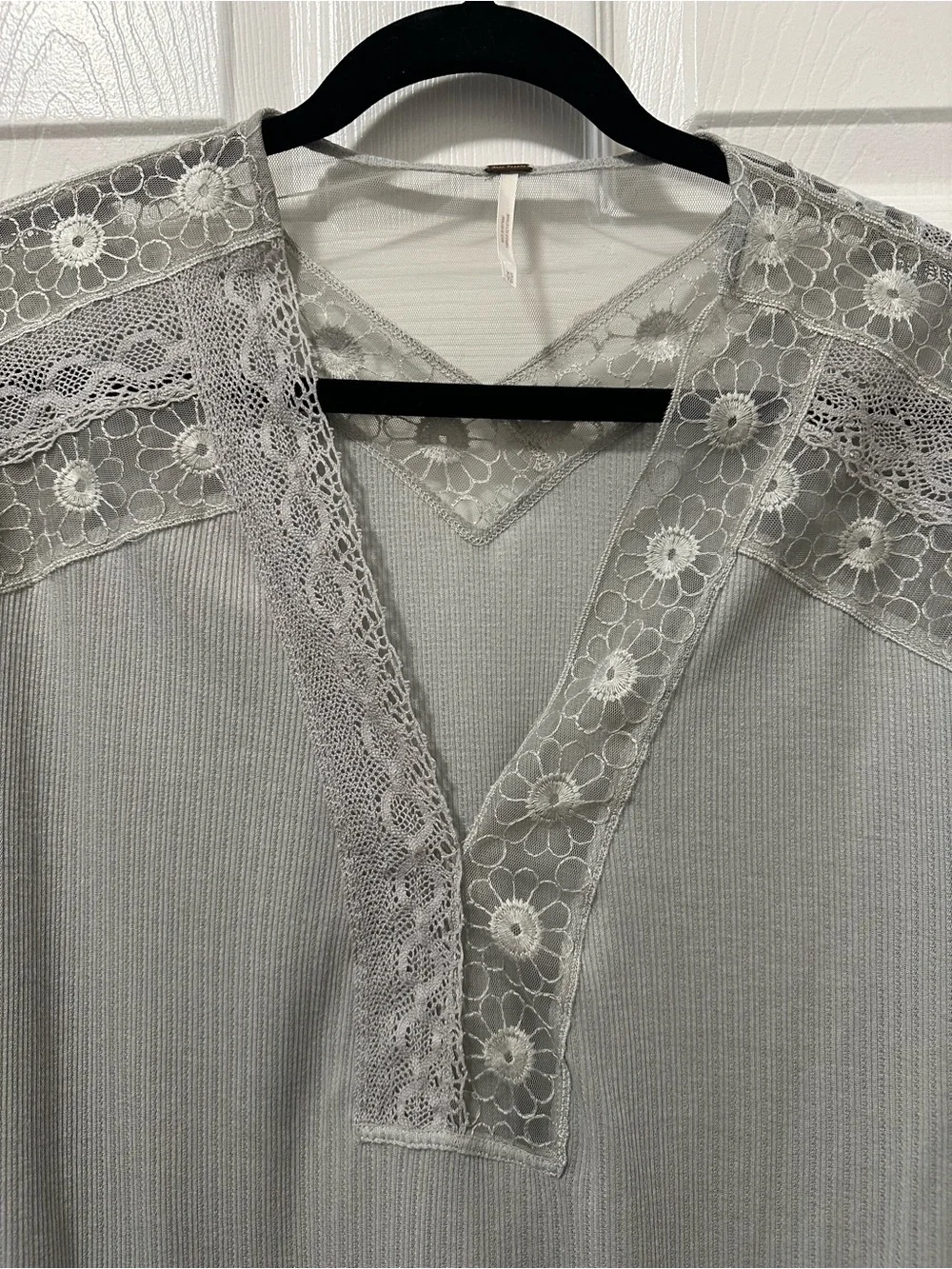 Free People Gray Lace Yoke Thermal Top XS Boho Long Sleeve